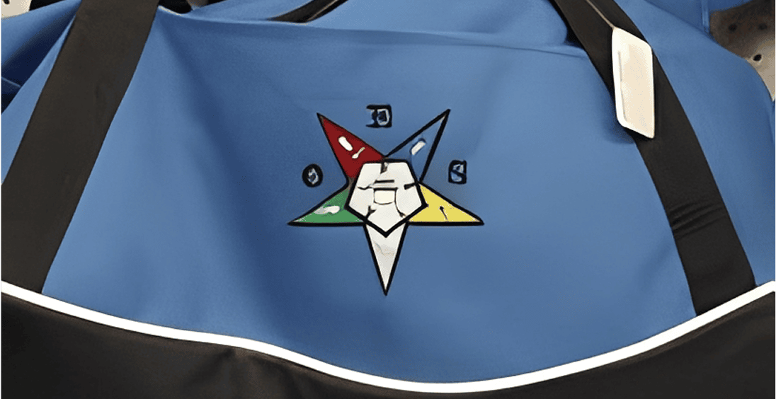 Blue duffel bag with colorful star logo