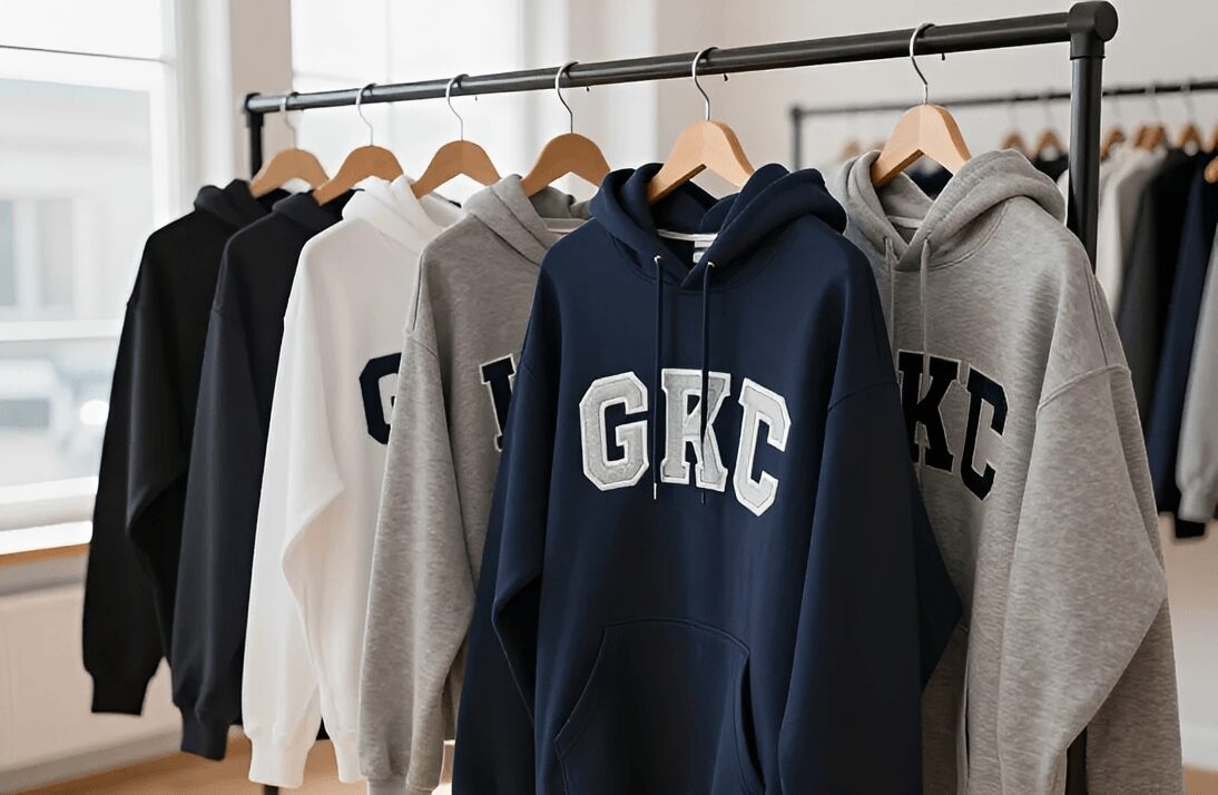 Colorful GKC hoodies displayed in a row
